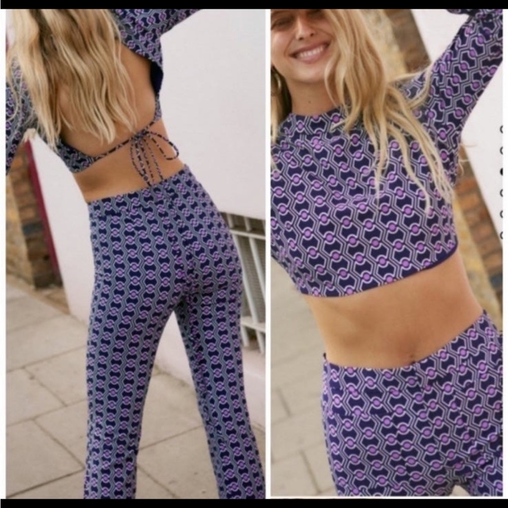 Zara Set Geometric Print Purple Retro Pants Open Back Top Bloggers Favorite
